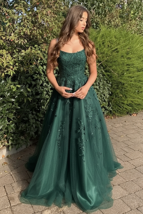 Dark Green Stylish Lace Long Prom Dress with Spaghetti Straps