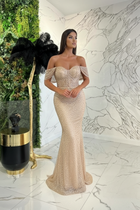 Champagne Sweetheart Off-The-Shoulder Prom Dress With Appliques Sequins