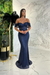 Navy Sweetheart Off-The-Shoulder Prom Dress With Appliques Sequins