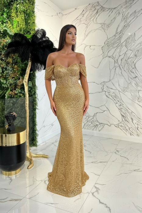 Gold Sweetheart Off-The-Shoulder Prom Dress With Appliques Sequins