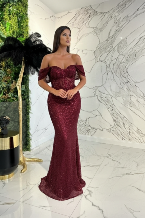 Burgundy Sweetheart Off-The-Shoulder Prom Dress With Appliques Sequins