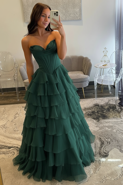 Dark Green Sweetheart Tiered Corset Aline Evening Dress Ruffle Chiffon Prom Dress with Split - Prom Dresses