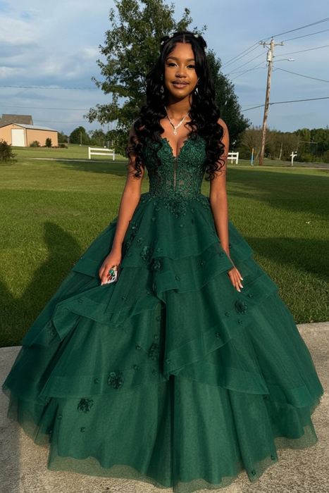 Dark Green Spaghetti Straps Aline Prom Dress Tulle Aline Evening Dress with Lace