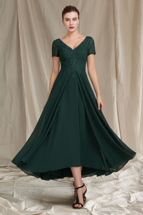Dark Green V-Neck A-Line Princess Tea-Length Dresses for the Mother of the Bride