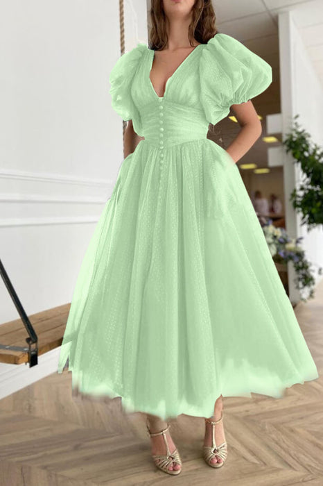 Dark Green V-Neck Evening Dress A-Line with Short Sleeves on Sale