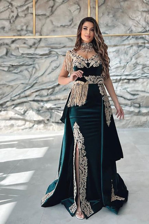 Dark Green Velvet Evening Dress Gold Appliques Side Split Prom Dress with Detachable Train (Copy)