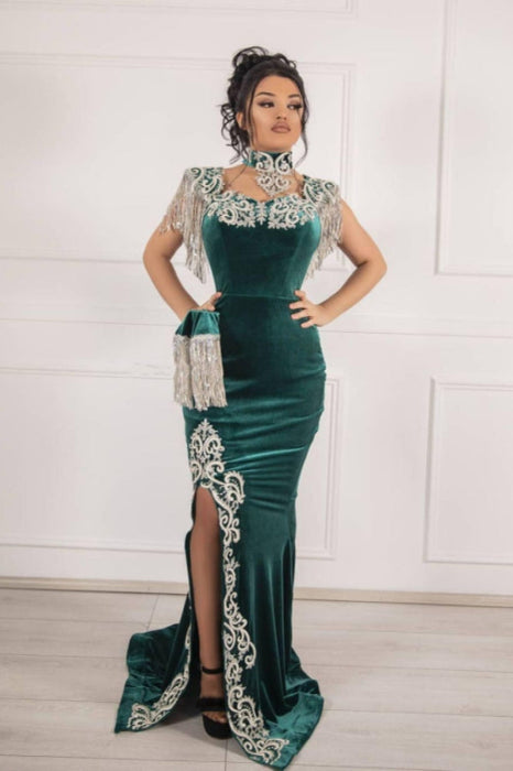 Dark Green Velvet Evening Dress High Neck Side Split Prom Dress with Train