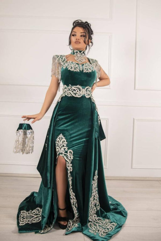 Dark Green Velvet Evening Dress High Neck Side Split Prom Dress with Train