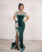Dark Green Velvet Evening Dress High Neck Side Split Prom Dress with Train