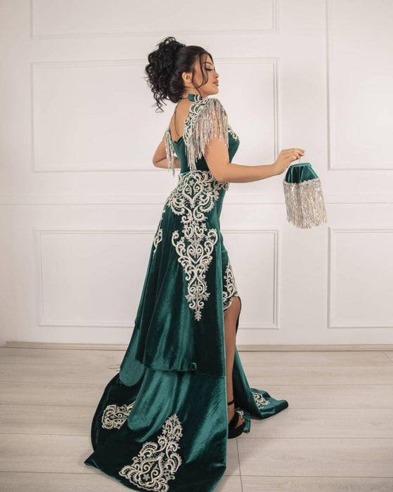 Dark Green Velvet Evening Dress High Neck Side Split Prom Dress with Train
