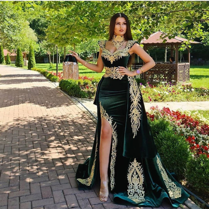 Dark Green Velvet Front Split Evening Dress Gold Appliques with Detachable Train