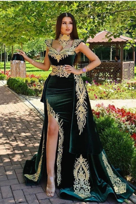 Dark Green Velvet Front Split Evening Dress Gold Appliques with Detachable Train