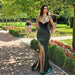 Dark Green Velvet Front Split Evening Dress Gold Appliques with Detachable Train
