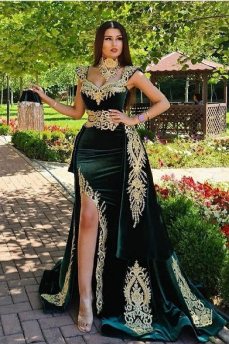 Dark Green Velvet Front Split Evening Dress Gold Appliques with Detachable Train
