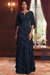 Dark Navy Chiffon Mother of the Bride Dress Flutter Sleeves with Cascading Ruffles