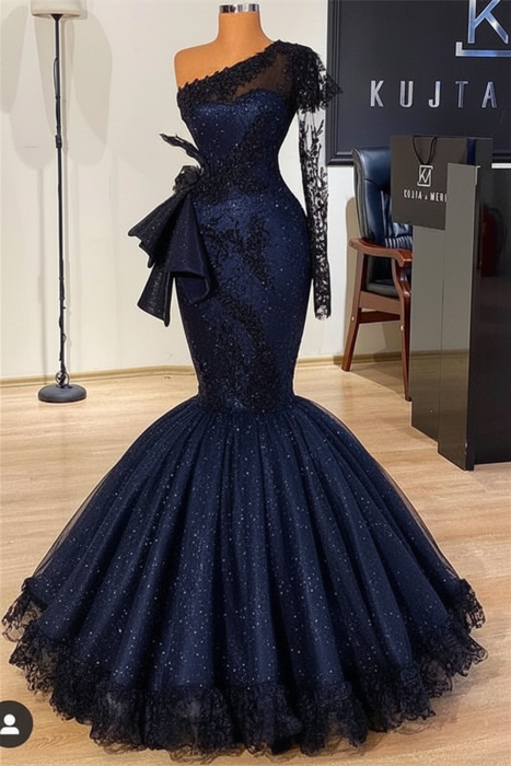 Dark Navy Glitter Mermaid Prom Dress Long Sleeves Floral Lace Party Dress - Prom Dresses