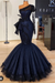 Dark Navy Glitter Mermaid Prom Dress Long Sleeves Floral Lace Party Dress - Prom Dresses