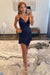Dark Navy Sparkly Beaded Tight Short Homecoming Dress with Fringes