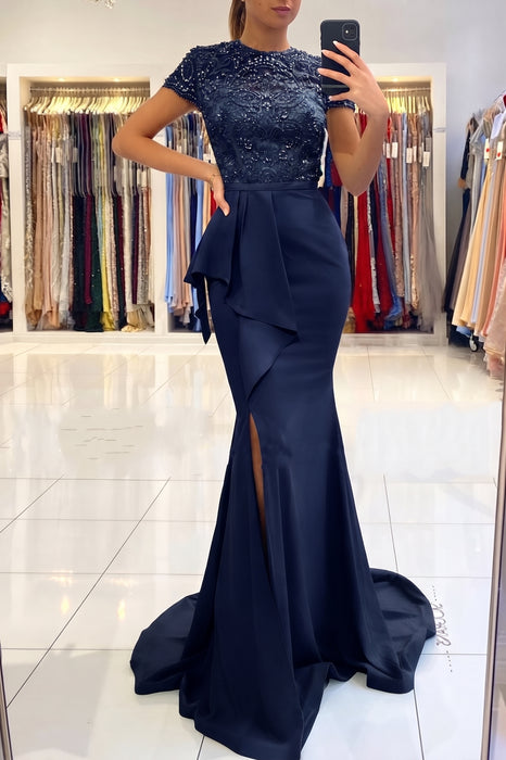 Navy Short Sleeve Lace Mermaid Prom Dress with Slit