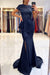 Navy Short Sleeve Lace Mermaid Prom Dress with Slit