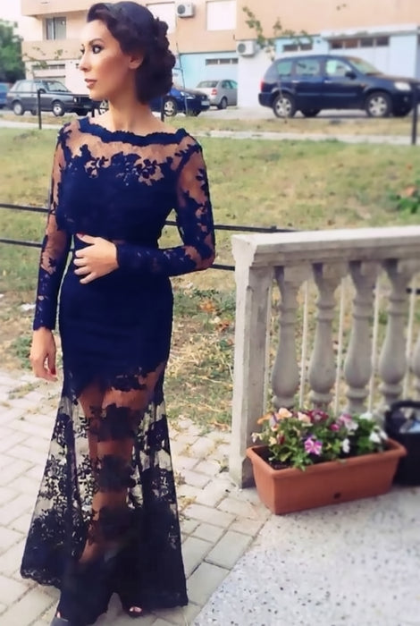 Navy Trumpet/Mermaid Bateau Long Sleeves Applique Lace Dresses - Prom Dresses