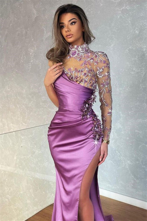 Dark Purple Mermaid Evening Dress with Split Appliques High Collar and Beadings