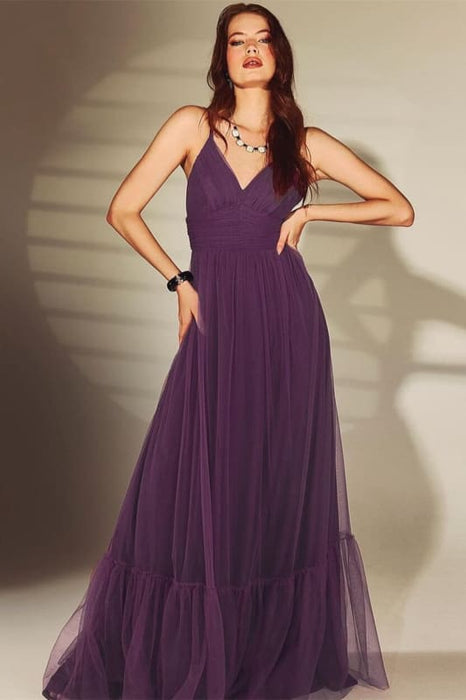 Dark Purple V-Neck Spaghetti-Straps Evening Dress Online