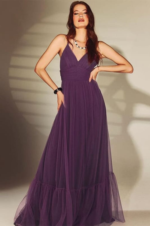 Dark Purple V-Neck Spaghetti-Straps Evening Dress Online