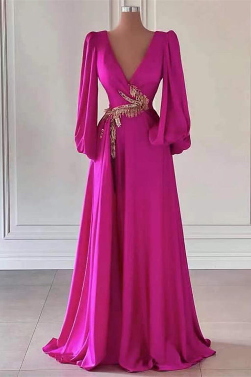 Dark V-Neck Prom Dress with Embellishment in Fuchsia Long Sleeves A-Line