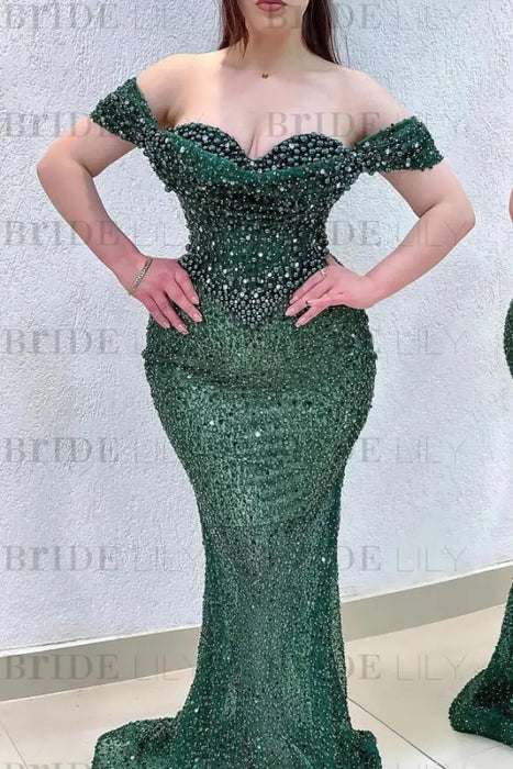 Dazzling Beaded Sweetheart Mermaid Evening Dress Sequins Off-Shoulder Floor-Length Prom Dress with Train - evening dresses