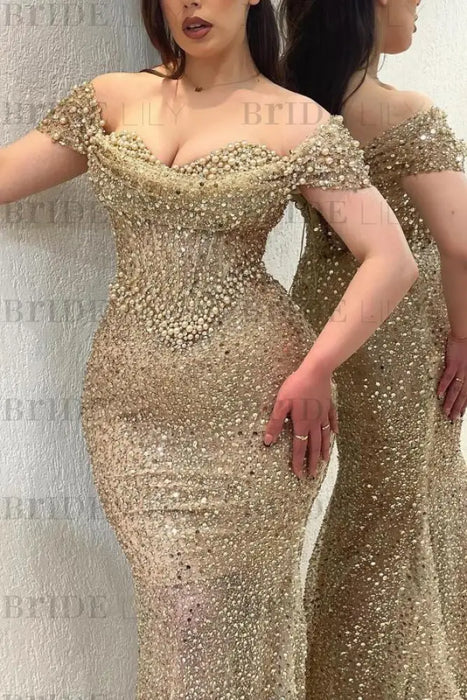 Dazzling Beaded Sweetheart Mermaid Evening Dress Sequins Off-Shoulder Floor-Length Prom Dress with Train - evening dresses