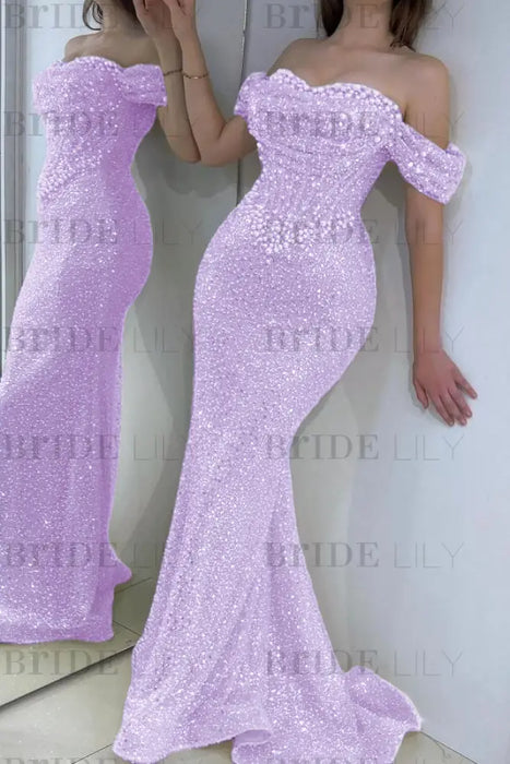 Dazzling Beaded Sweetheart Mermaid Evening Dress Sequins Off-Shoulder Floor-Length Prom Dress with Train - evening dresses