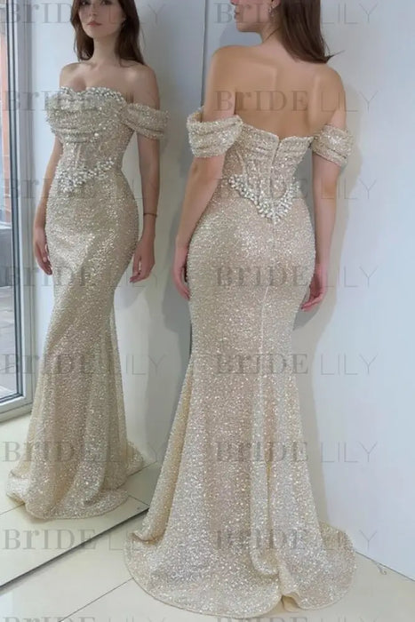 Dazzling Beaded Sweetheart Mermaid Evening Dress Sequins Off-Shoulder Floor-Length Prom Dress with Train - evening dresses