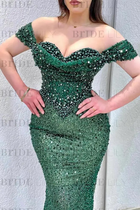 Dazzling Beaded Sweetheart Mermaid Evening Dress Sequins Off-Shoulder Floor-Length Prom Dress with Train - evening dresses