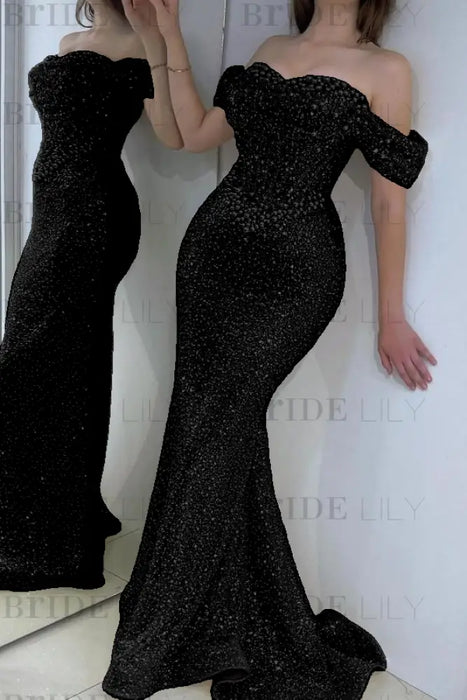 Dazzling Beaded Sweetheart Mermaid Evening Dress Sequins Off-Shoulder Floor-Length Prom Dress with Train - evening dresses