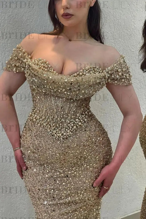 Dazzling Beaded Sweetheart Mermaid Evening Dress Sequins Off-Shoulder Floor-Length Prom Dress with Train - evening dresses