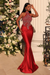 Red Dazzling Appliques Lace Halter Column Ruched Satin Evening Dress