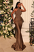 Mocha Mousse Dazzling Appliques Lace Halter Column Ruched Satin Evening Dress