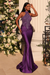 Purple Dazzling Appliques Lace Halter Column Ruched Satin Evening Dress