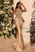 Champagne Gold Dazzling Appliques Lace Halter Column Ruched Satin Evening Dress