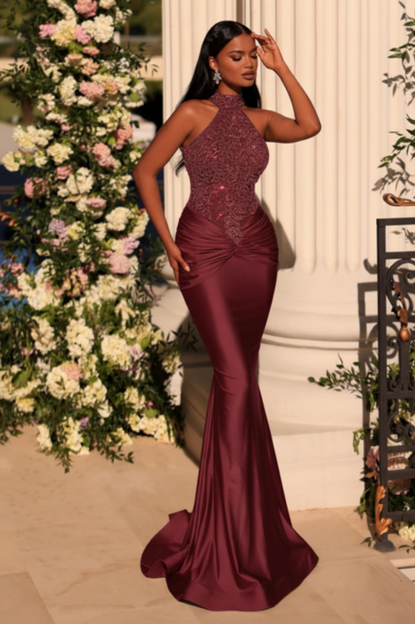 Burgundy Dazzling Appliques Lace Halter Column Ruched Satin Evening Dress