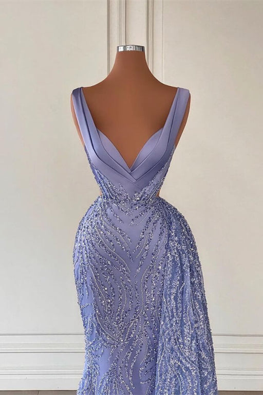 Dazzling Violet Mermaid Prom Gown with V-Neckline and Beaded Sequins