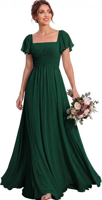 Bridelily Women's Flutter Sleeves Bridesmaid Dresses Square Neck Chiffon Maxi Dres - Deep Green