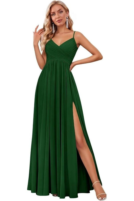 Spaghetti Strap V-Neck Chiffon Bridesmaid Dress with Slit
