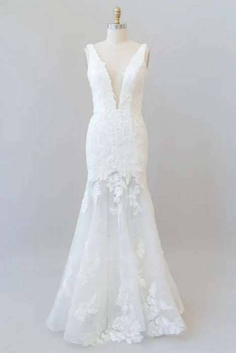 Deep V-neck Appliques Tulle Mermaid Wedding Dress - Wedding Dresses