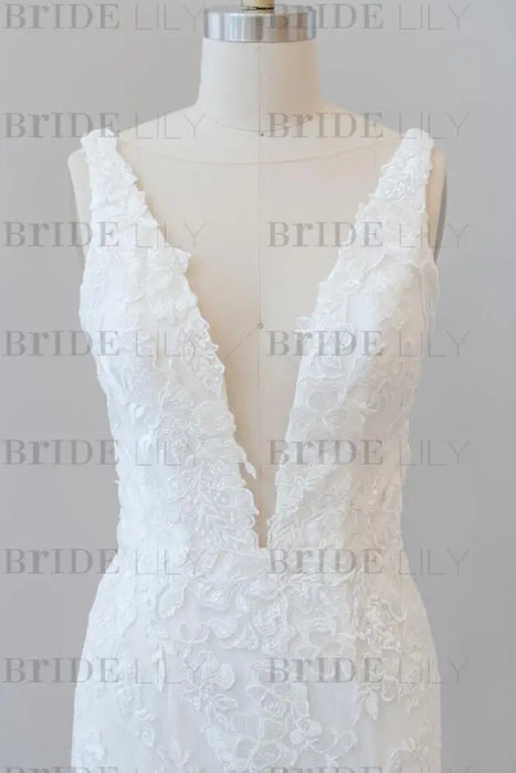 Deep V-neck Appliques Tulle Mermaid Wedding Dress - Wedding Dresses