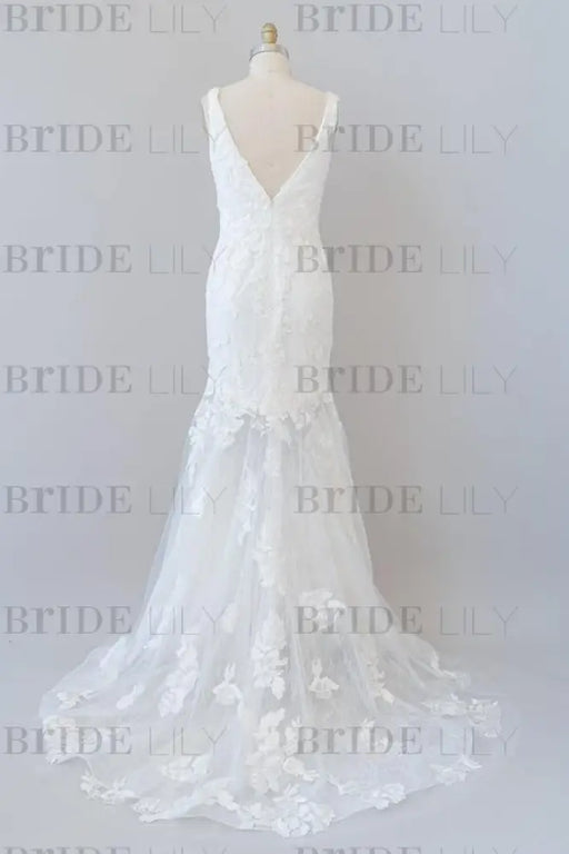 Deep V-neck Appliques Tulle Mermaid Wedding Dress - Wedding Dresses