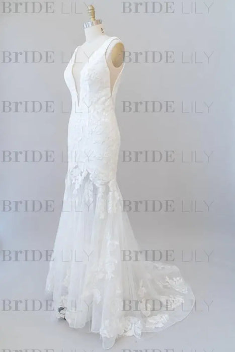Deep V-neck Appliques Tulle Mermaid Wedding Dress - Wedding Dresses