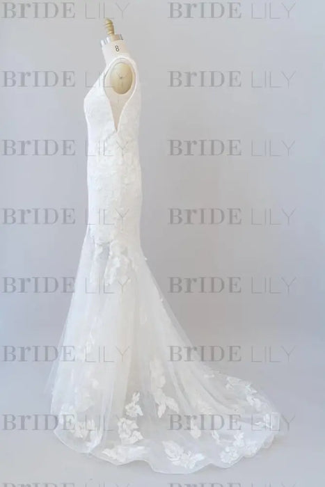 Deep V-neck Appliques Tulle Mermaid Wedding Dress - Wedding Dresses