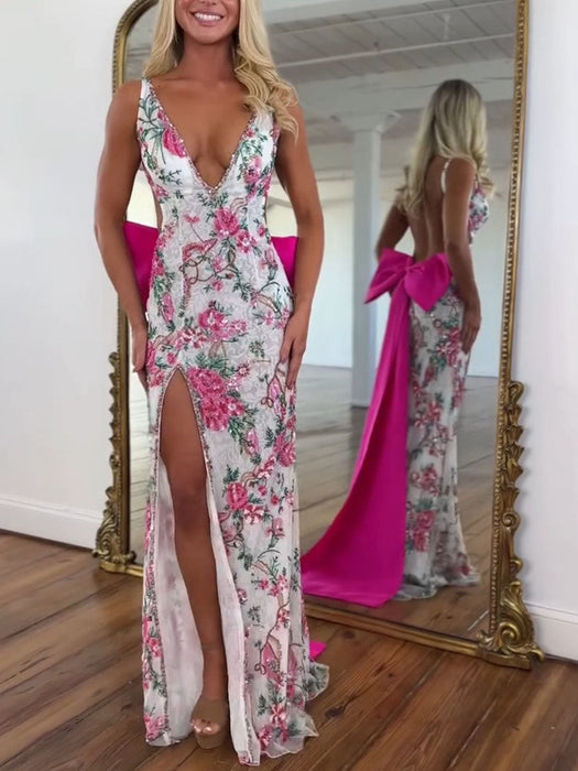 Deep V-Neck Embroidered Floral Prom Dress Mermaid with Bow